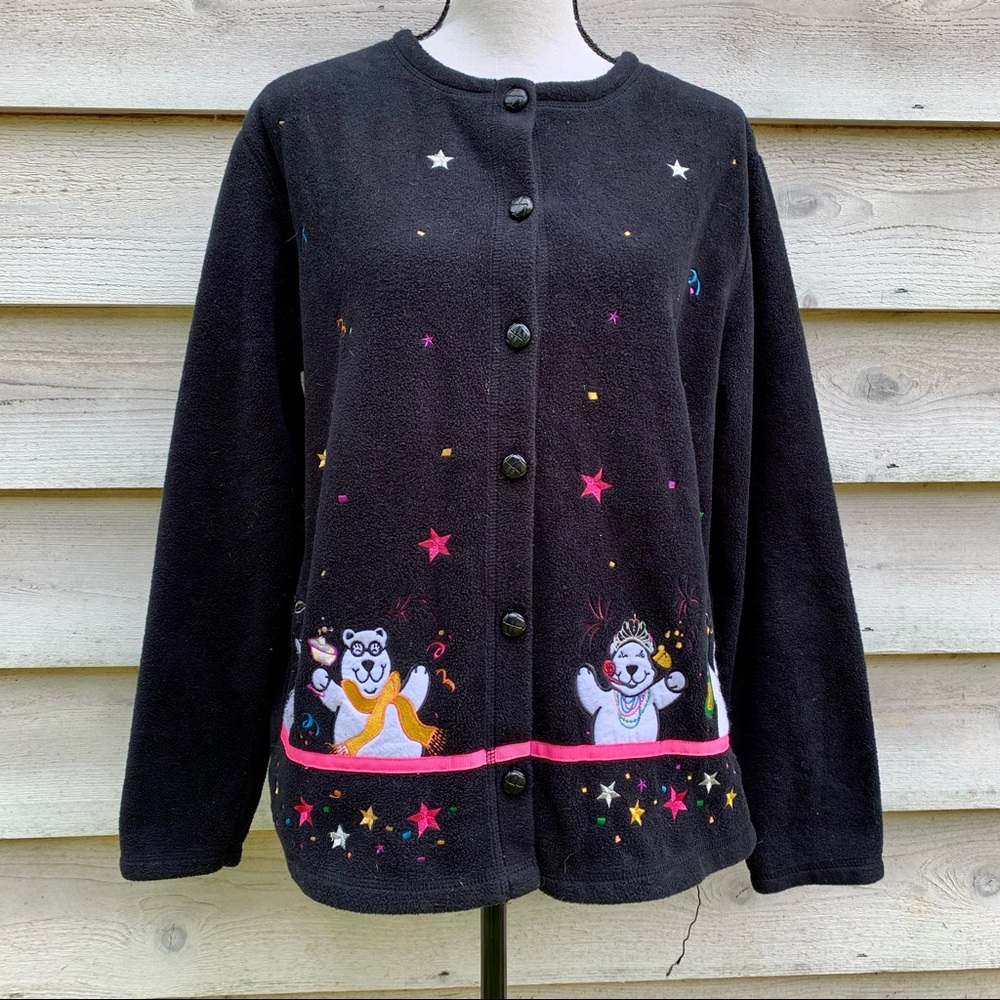 Vintage Black Fleece Polar Bear Appliqué Long Sleeve Button Up Cardigan Sweater
